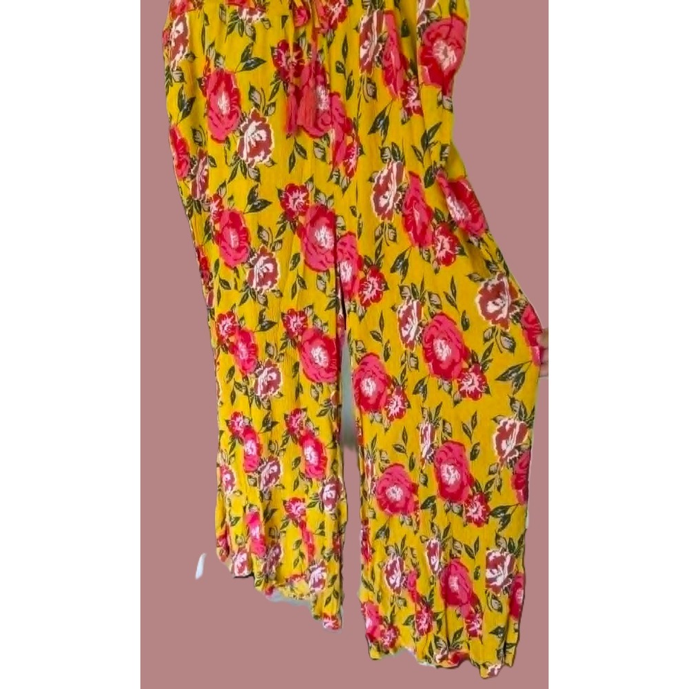JW Woman Plus Size 1X Palazzo Pants Mustard Yellow Floral Smocked Wide Leg NWT
